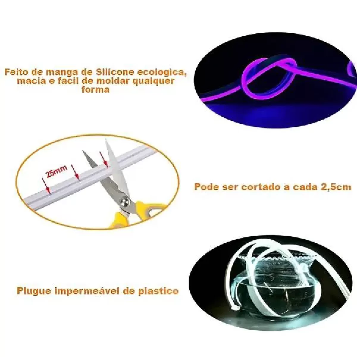 Fita de Led Neon IP67 Roxo Rolo 5m 12v