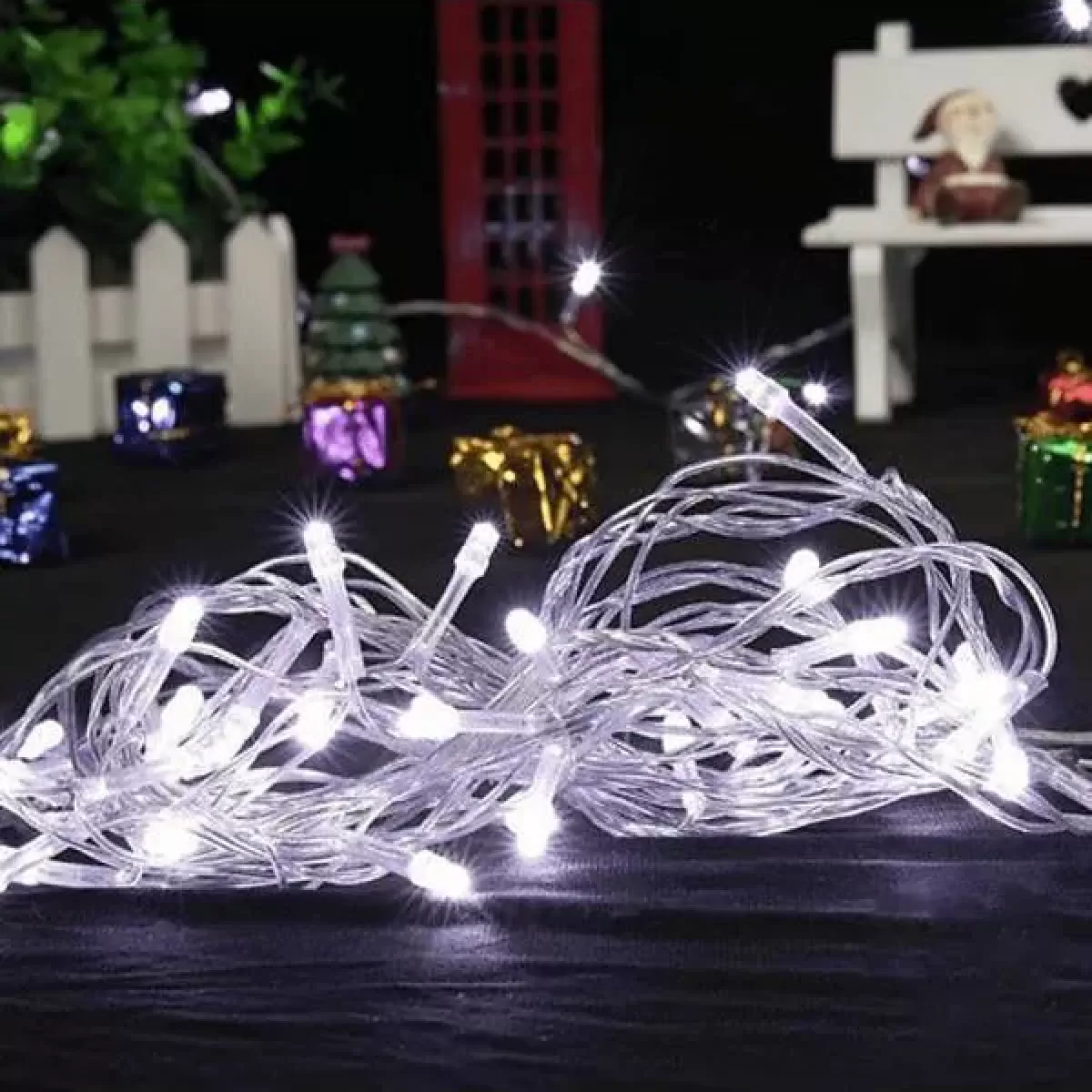 Kit 8 Unidades Pisca Pisca de LED Fixo Fio Transparente com 100 Leds Branco Frio Prova D'agua 220v - Fio 2.2mm
